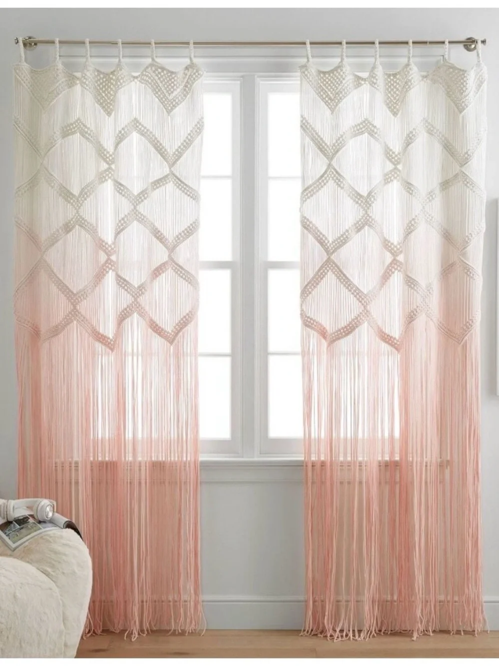 Pottery Barn Teen Bohemian Ombre Macramé Fringe Curtain Panel - Cream & Pink